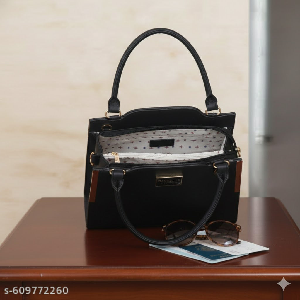 Stylish Black Handbag with Top Handle & Sling Strap |