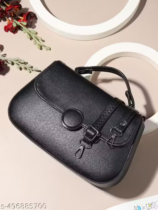 Premium Black Handbag with Sling & Circular Lock | Stylish Women Bag (22x15x10 cm)
