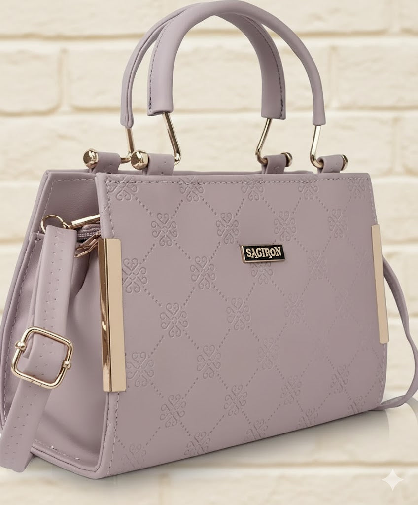 Elegant Lavender Sling Handbag for Women | Golden Handle | Self Print | 10x8x4 Inch | Dual Partition with Zip Pocket
