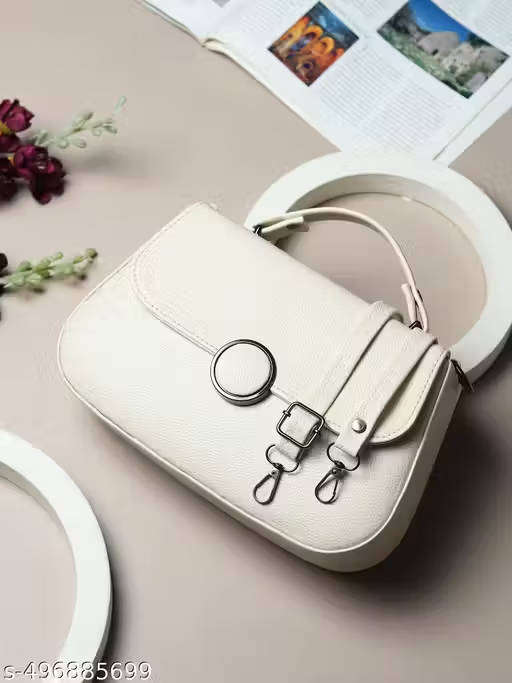 Elegant White Handbag with Sling & Circular Lock | Stylish Women Bag (22x15x10 cm)