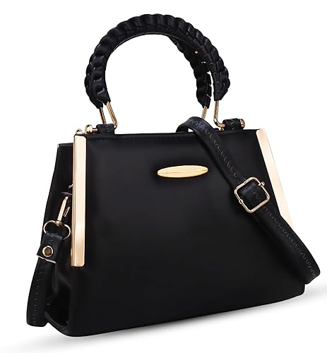 Elegant Black Structured Handbag with Gold Handle & Sling