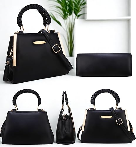 Elegant Black Structured Handbag with Gold Handle & Sling