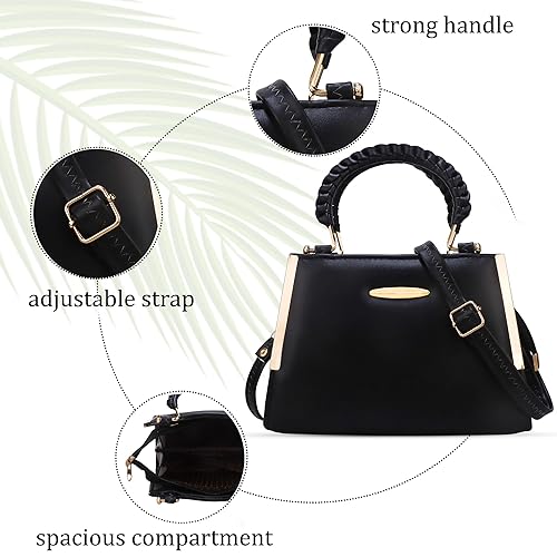 Elegant Black Structured Handbag with Gold Handle & Sling