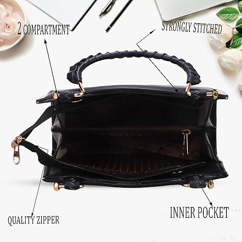 Elegant Black Structured Handbag with Gold Handle & Sling
