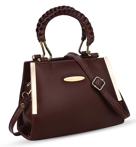 Elegant Brown Structured Handbag with Gold Handle & Sling