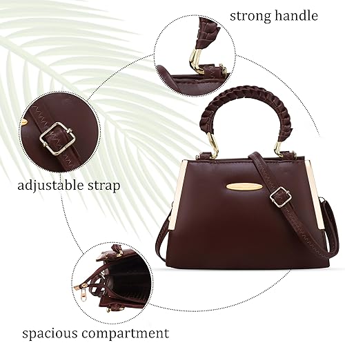Elegant Brown Structured Handbag with Gold Handle & Sling