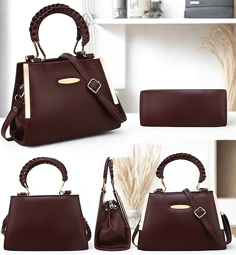 Elegant Brown Structured Handbag with Gold Handle & Sling