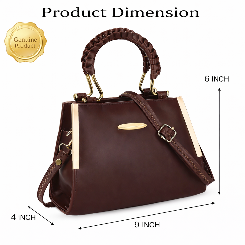 Elegant Brown Structured Handbag with Gold Handle & Sling