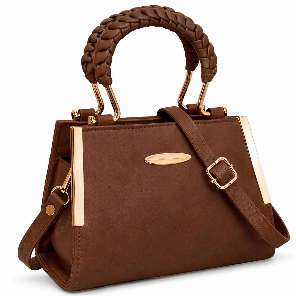 Elegant Tan Brown  Structured Handbag with Gold Handle & Sling