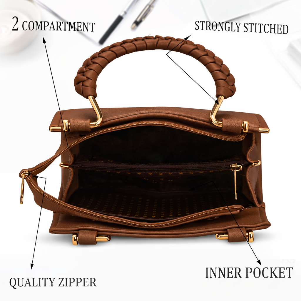 Elegant Tan Brown  Structured Handbag with Gold Handle & Sling