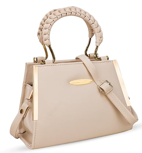 Elegant Beige Structured Handbag with Gold Handle & Sling