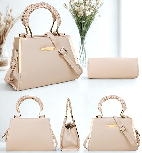 Elegant Beige Structured Handbag with Gold Handle & Sling