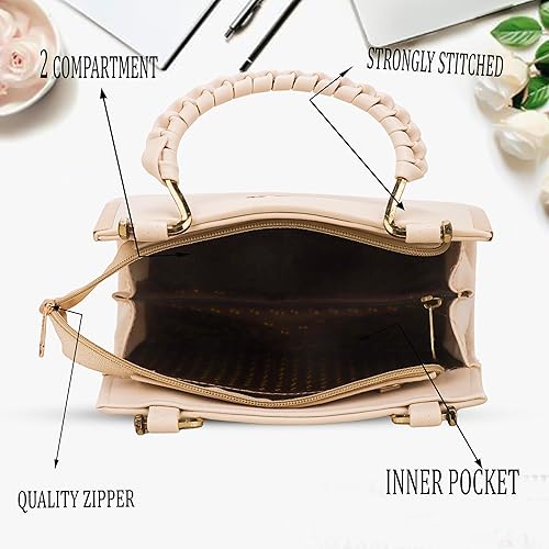Elegant Beige Structured Handbag with Gold Handle & Sling