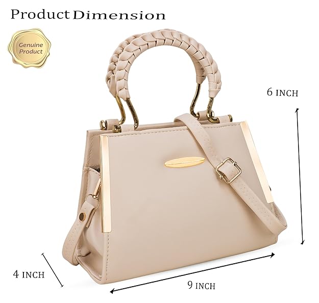 Elegant Beige Structured Handbag with Gold Handle & Sling