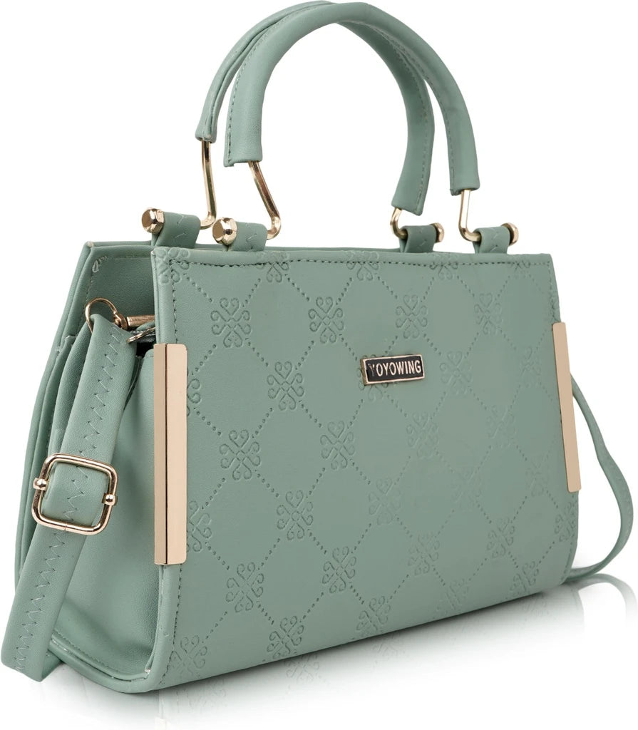 Elegant Green Sling Handbag for Women | Golden Handle | Self Print | 10x8x4 Inch | Dual Partition with Zip Pocket