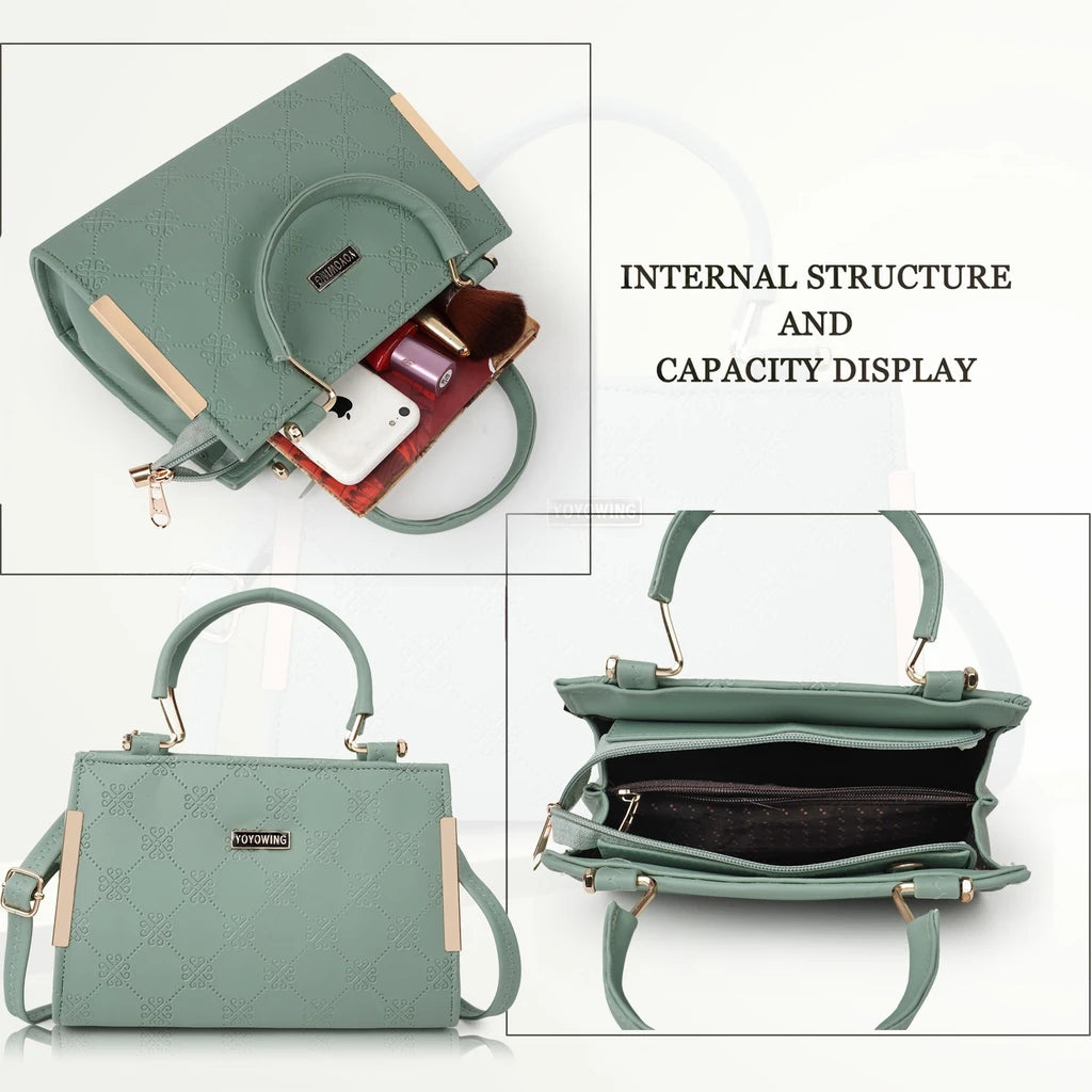 Elegant Green Sling Handbag for Women | Golden Handle | Self Print | 10x8x4 Inch | Dual Partition with Zip Pocket