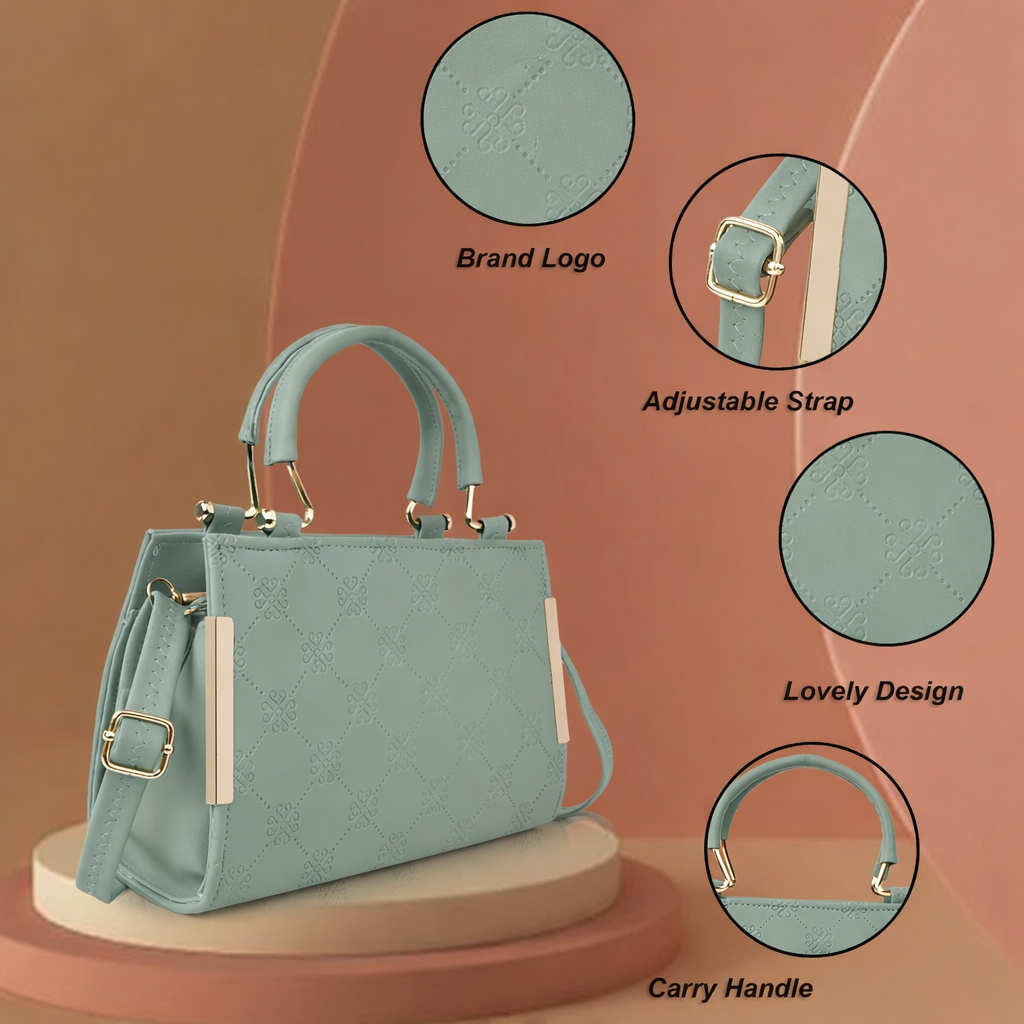 Elegant Green Sling Handbag for Women | Golden Handle | Self Print | 10x8x4 Inch | Dual Partition with Zip Pocket