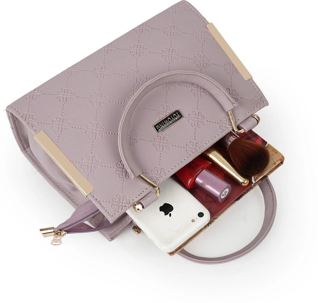 Elegant Lavender Sling Handbag for Women | Golden Handle | Self Print | 10x8x4 Inch | Dual Partition with Zip Pocket