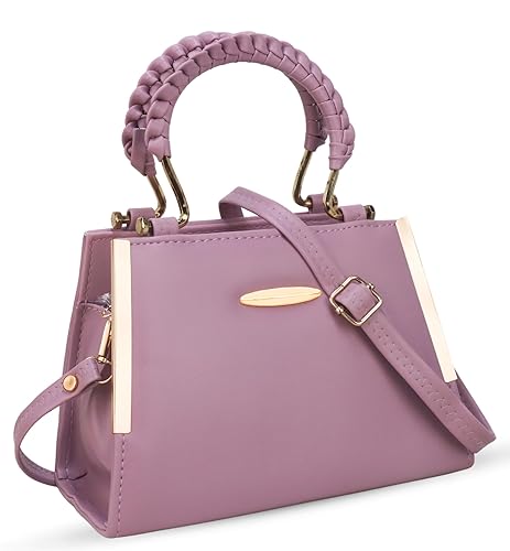 Elegant Purple Structured Handbag with Gold Handle & Sling
