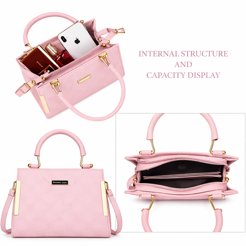 Elegant Pink Sling Handbag for Women | Golden Handle | Self Print | 10x8x4 Inch | Dual Partition with Zip Pocket