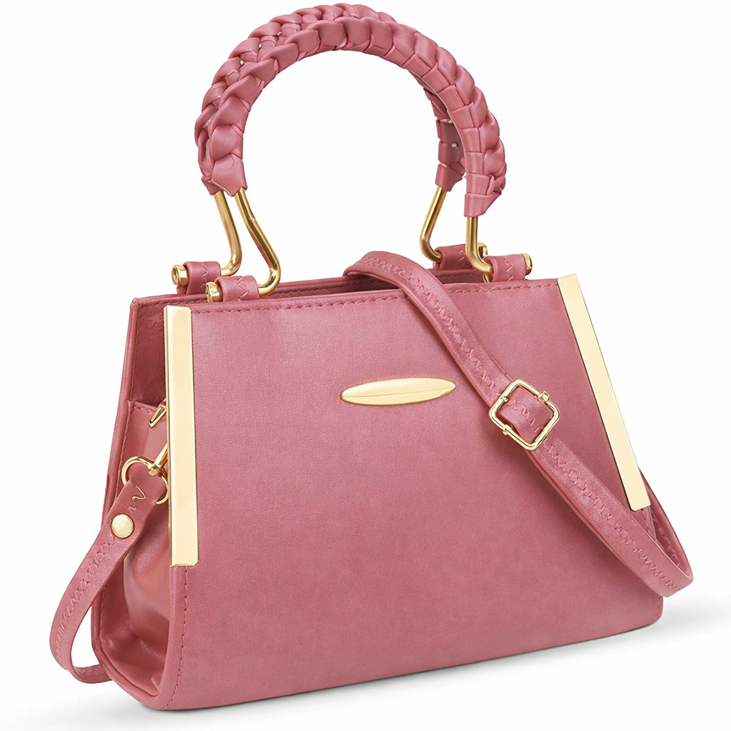 Elegant Pink Structured Handbag with Gold Handle & Sling