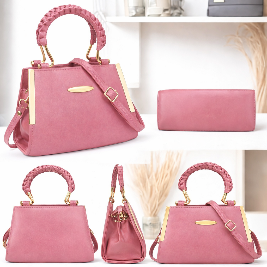 Elegant Pink Structured Handbag with Gold Handle & Sling