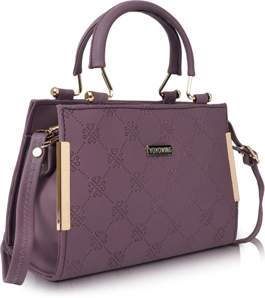 Elegant Purple Sling Handbag for Women | Golden Handle | Self Print | 10x8x4 Inch | Dual Partition with Zip Pocket